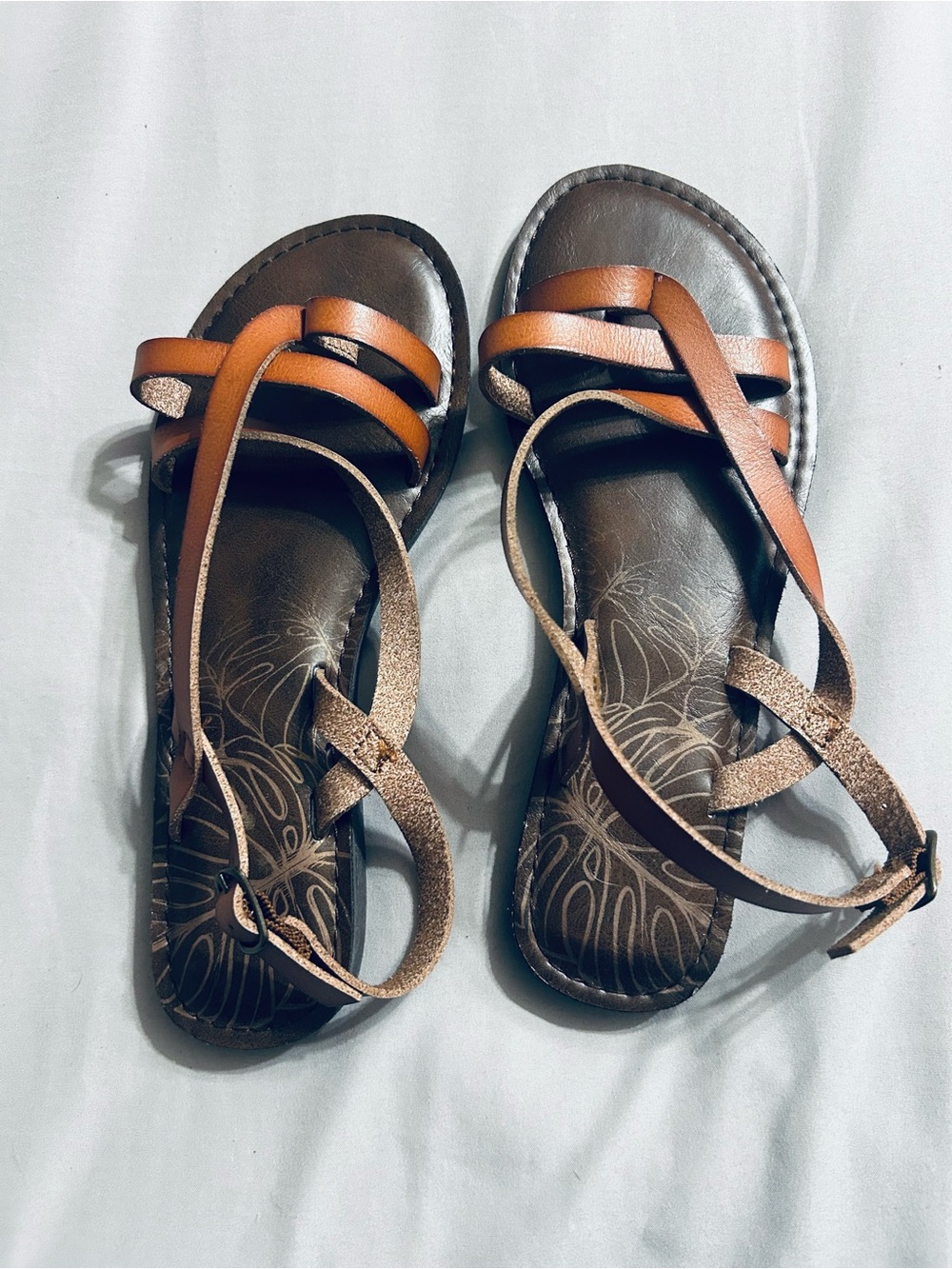 Time and Tru Brown and Tan Crisscross Strappy Sandals